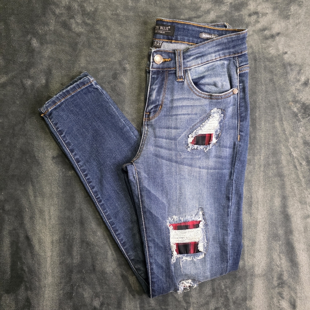 Judy Blue Buffalo Plaid Patch Skinny Jeans JB8268DK Ripped Distressed